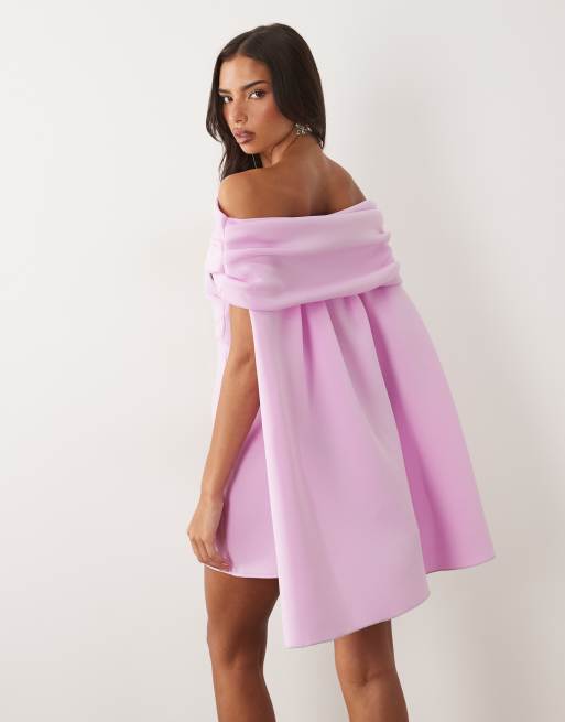 ASOS DESIGN twist off the shoulder mini dress with cape in lilac scuba-style fabric, 2 of 4