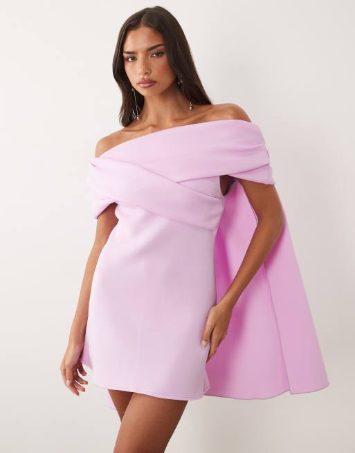 ASOS DESIGN twist off the shoulder mini dress with cape in lilac scuba-style fabric, 3 of 4