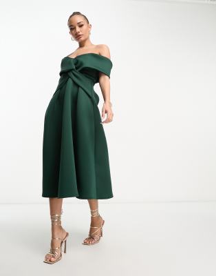 ASOS DESIGN twist off the shoulder prom skater midi dress in forest