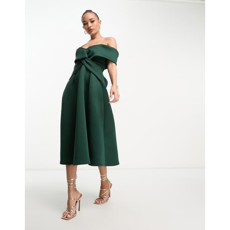 ASOS DESIGN off shoulder corset midi dress in olive