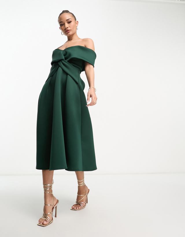 ASOS DESIGN twist off the shoulder prom skater midi dress in forest green