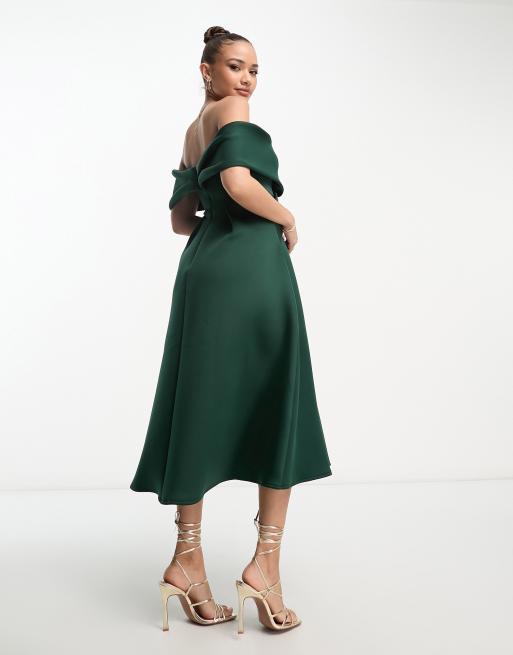 ASOS DESIGN twist off the shoulder prom skater midi dress in forest green ASOS