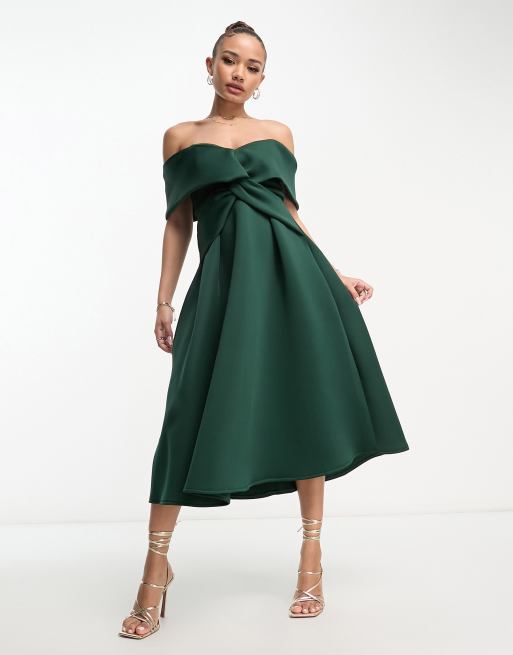 ASOS DESIGN off shoulder corset midi dress in olive