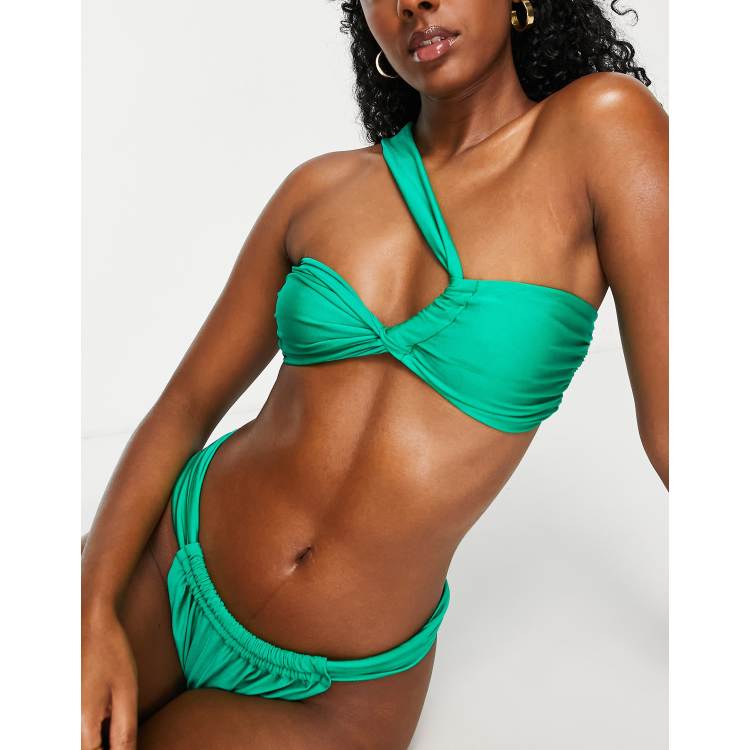 ASOS DESIGN twist one shoulder bikini top in emerald green