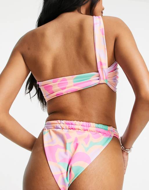 ASOS DESIGN twist one shoulder bikini top in kaleidoscope print