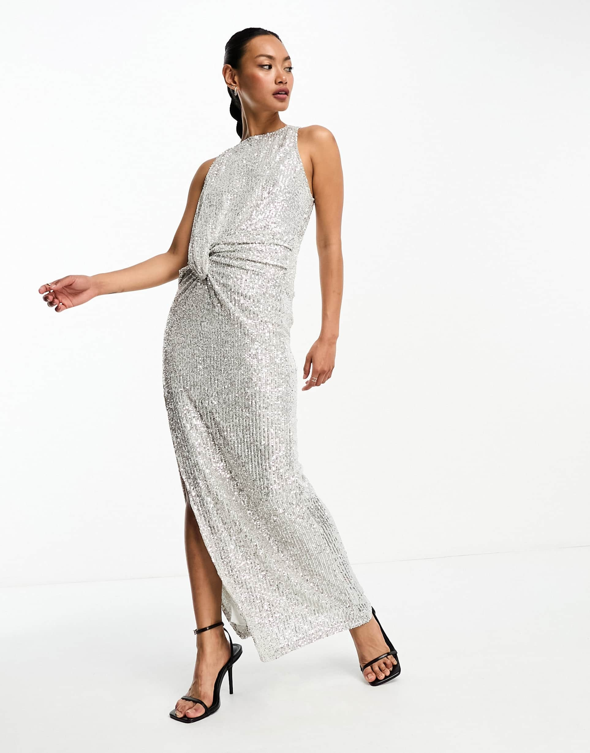 asos design twist pleat maxi dress in sequin silver