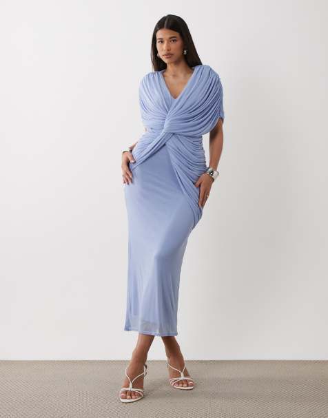 ASOS DESIGN twist plunge cape maxi dress in blue