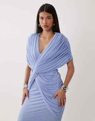 asos blue cape dress ASOS EDITION high neck cape sleeve mini dress with asymmetric hem in cobalt  blue
