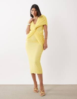Asos Design Twist Plunge Cape Maxi Dress In Yellow