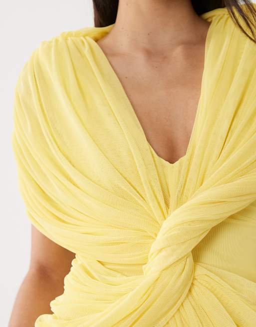 ASOS DESIGN twist plunge cape maxi dress in lemon, 3 of 4