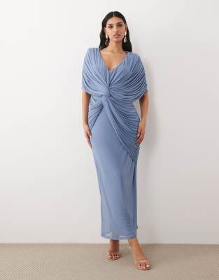 ASOS DESIGN twist plunge neck cape midaxi dress in blue | ASOS
