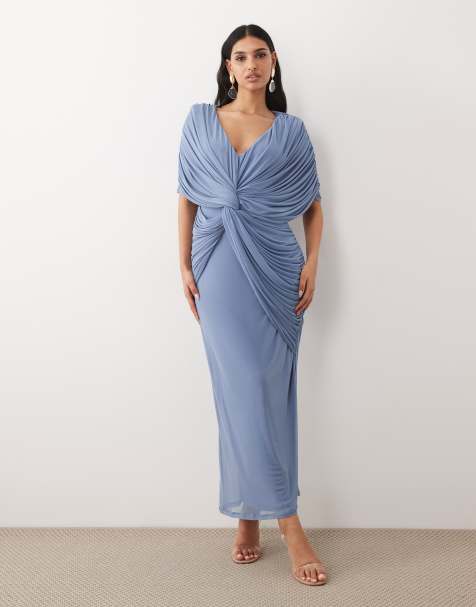 ASOS DESIGN twist plunge neck cape midaxi dress in blue - view 1