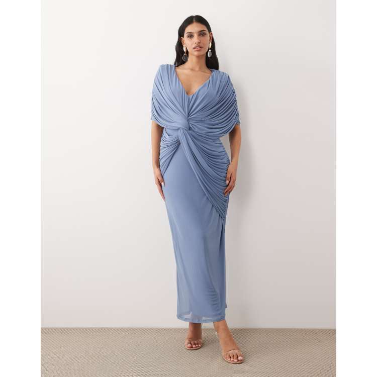 ASOS DESIGN twist plunge neck cape midaxi dress in blue | ASOS