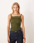 [ASOS DESIGN] ASOS DESIGN twist sheer mesh ruched side top in olive-Green S Olive