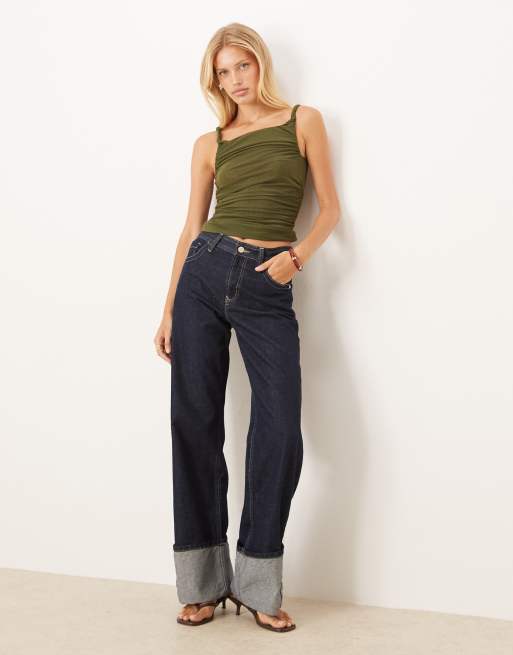 ASOS DESIGN twist sheer mesh ruched side top in olive, 2 of 4