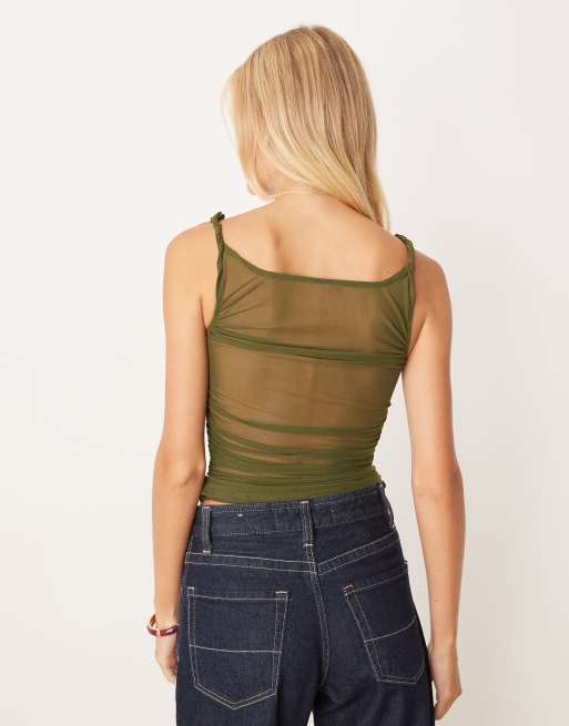 ASOS DESIGN twist sheer mesh ruched side top in olive, 4 of 4