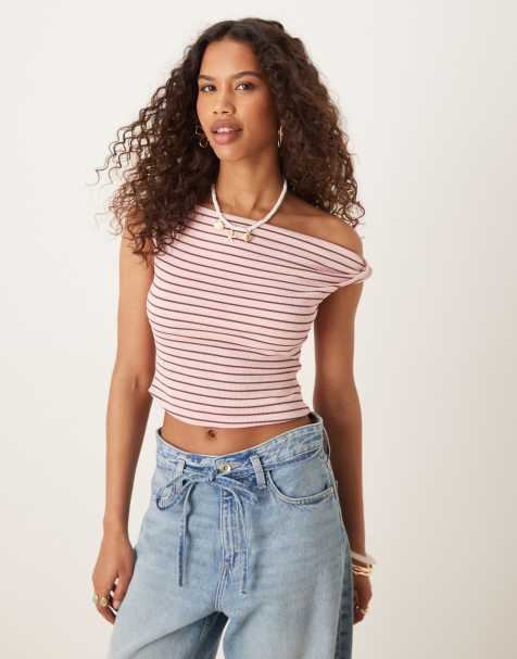 ASOS DESIGN twist shoulder bardot top in pink and choc stripe - view 1