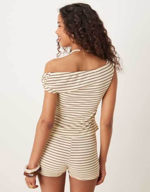 ASOS DESIGN twist shoulder bardot top in yellow and choc stripe, 2 of 4