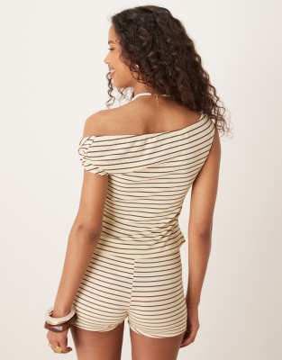 Asos Design Twist Shoulder Bardot Top In Brown