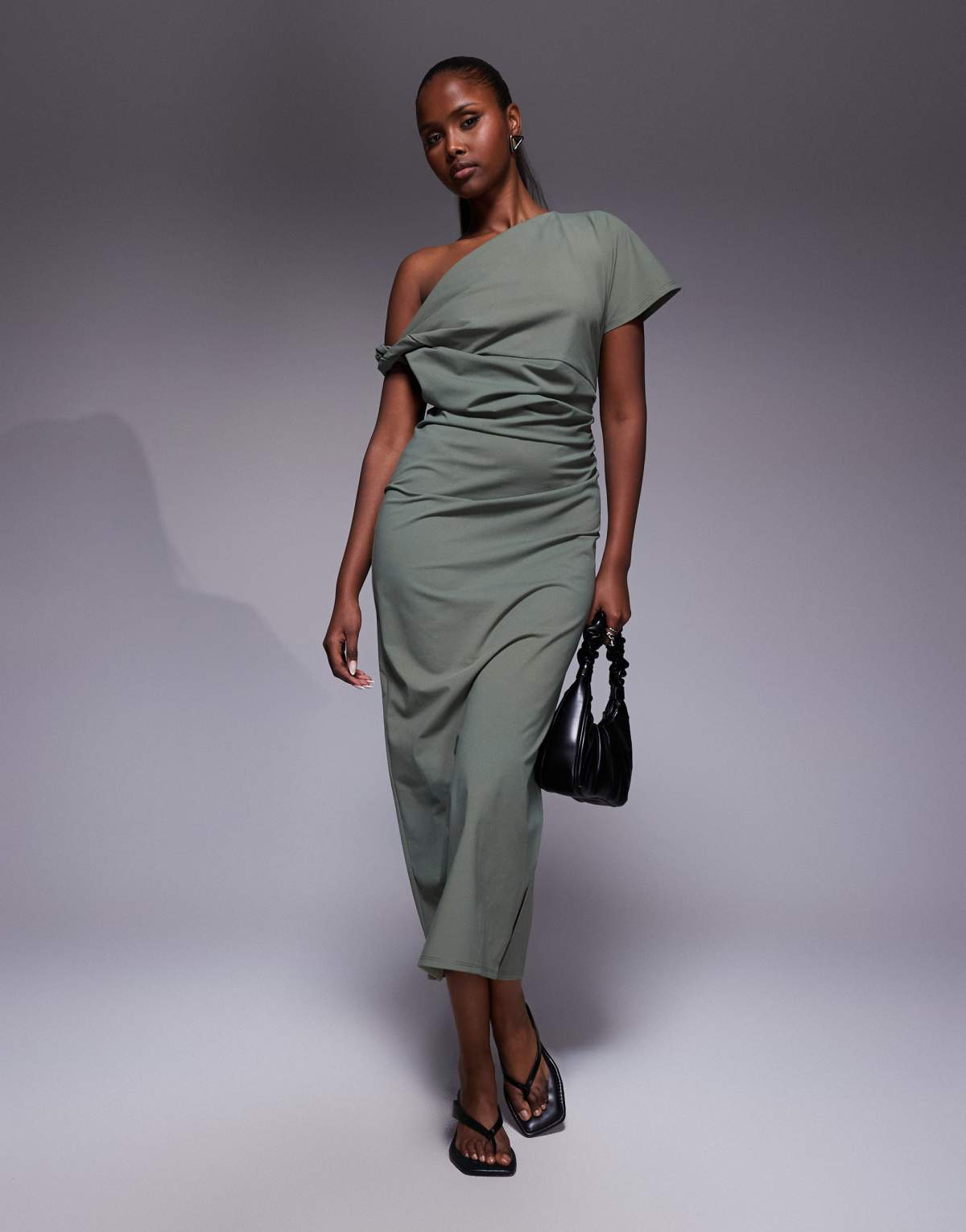 ASOS DESIGN twist shoulder detail midi dress in khaki