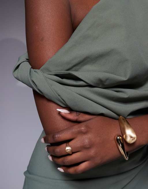 ASOS DESIGN twist shoulder detail midi dress in khaki, 2 of 4