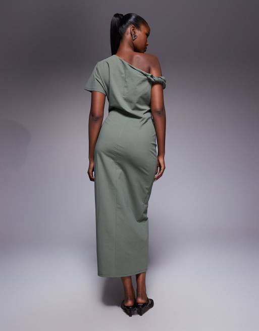 ASOS DESIGN twist shoulder detail midi dress in khaki, 4 of 4