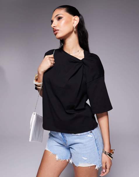 ASOS DESIGN twist shoulder detail t-shirt in black - view 1