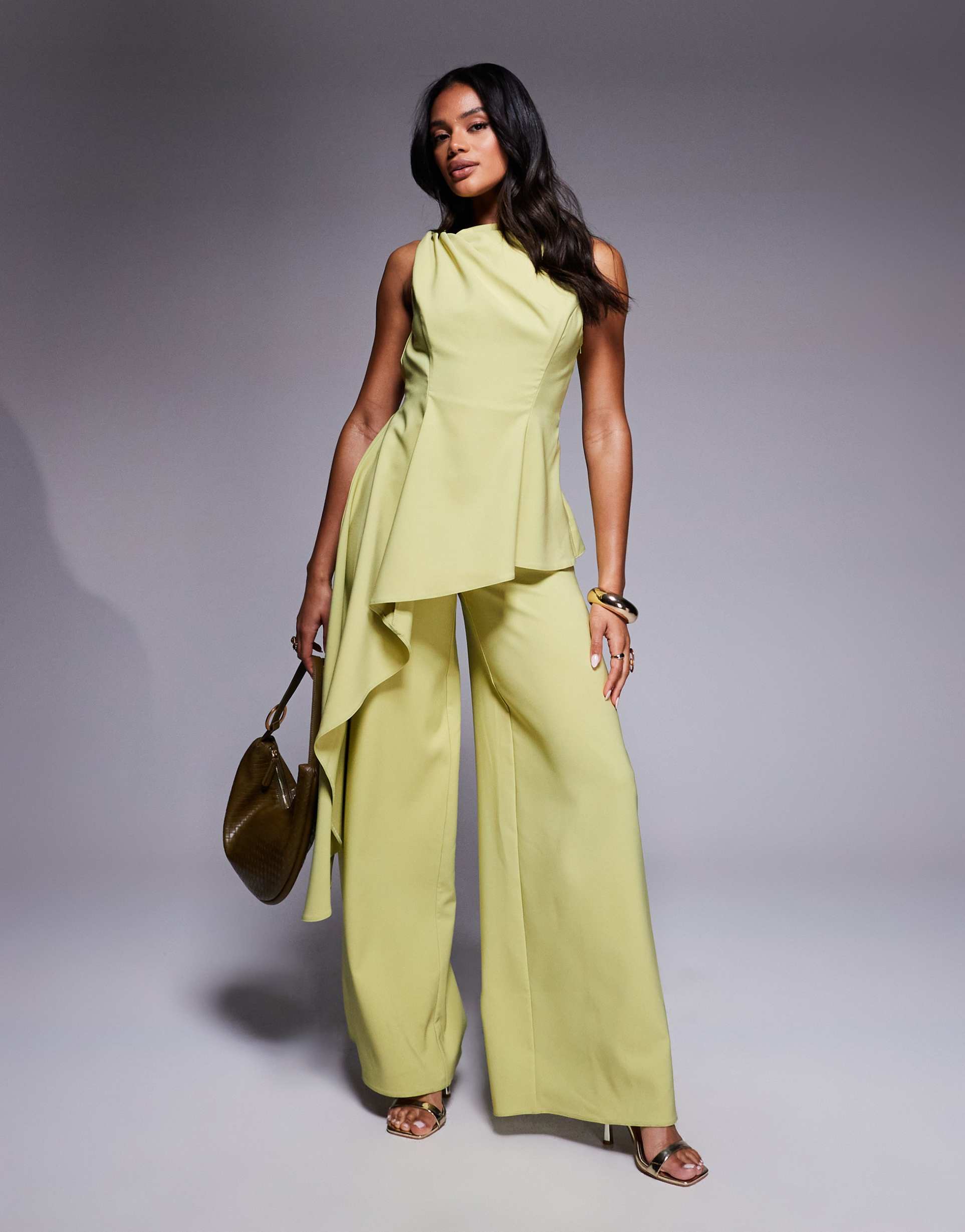asos design twist shoulder draped jumpsuit in lime