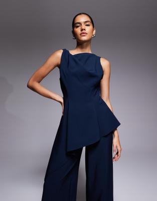 Asos Design Twist Shoulder Draped Jumpsuit In Blue