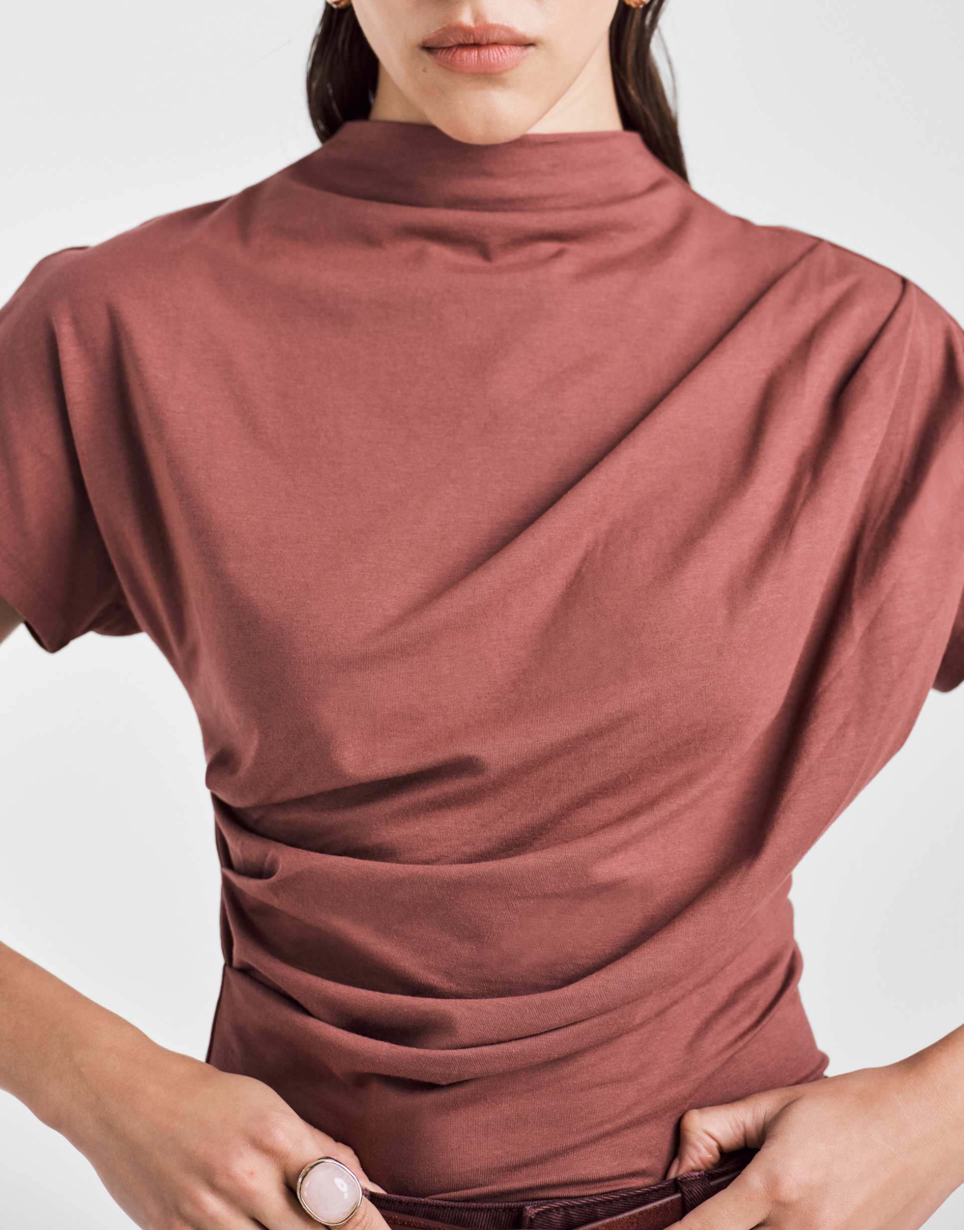 asos design twist shoulder draped top in dark rose