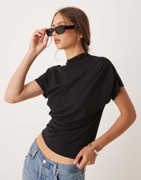 ASOS DESIGN twist shoulder drapey top in black - view 1