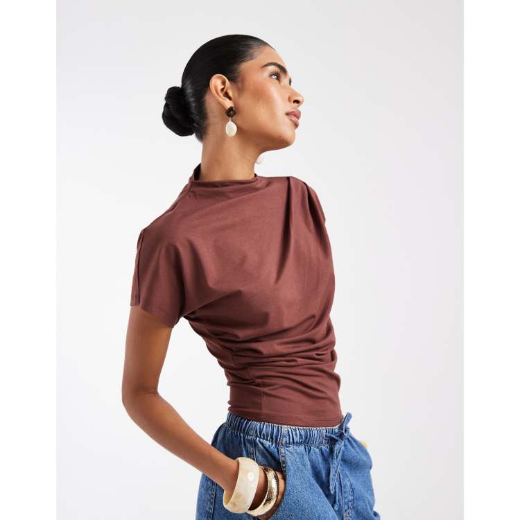 ASOS DESIGN twist shoulder drapey top in chocolate | ASOS