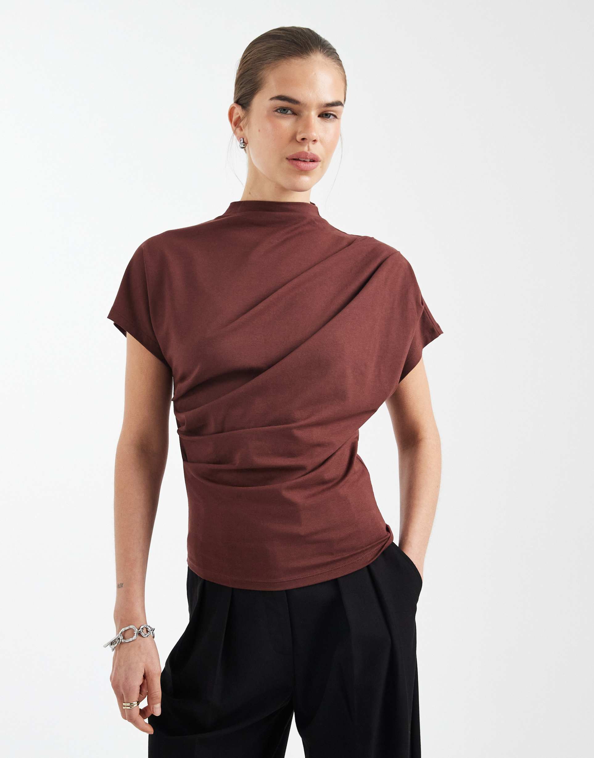 asos design twist shoulder drapey top in chocolate