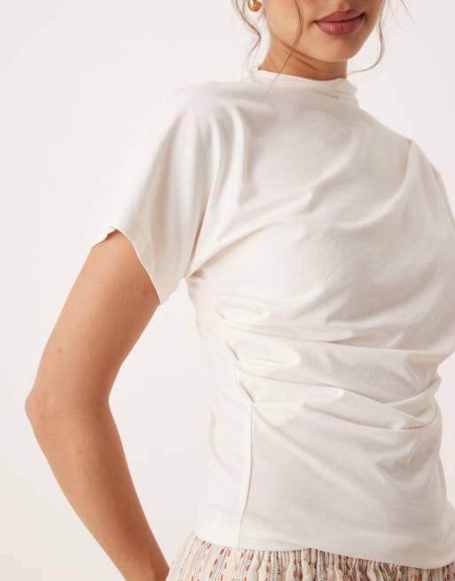ASOS DESIGN twist shoulder drapey top in cream