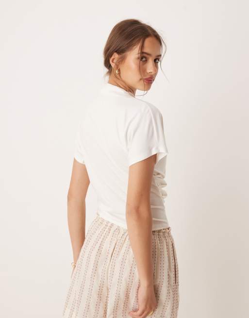 ASOS DESIGN twist shoulder drapey top in cream