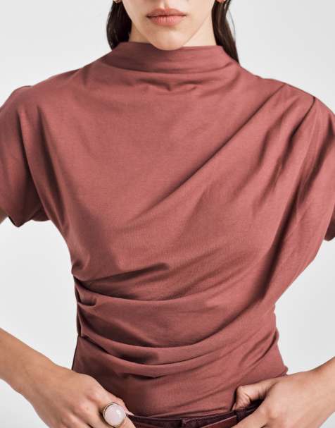 ASOS DESIGN twist shoulder drapey top in dark rose - view 1