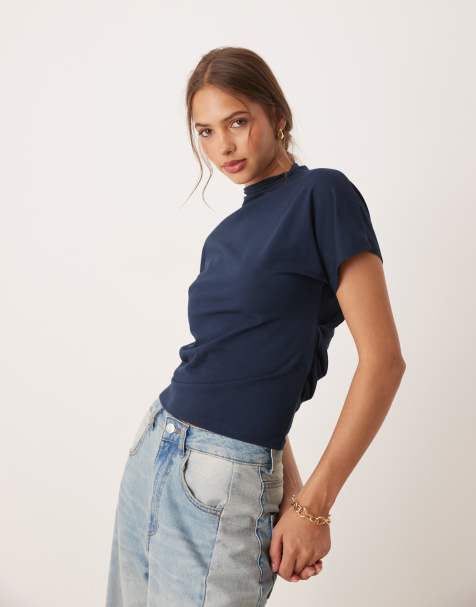 ASOS DESIGN twist shoulder drapey top in navy - view 1