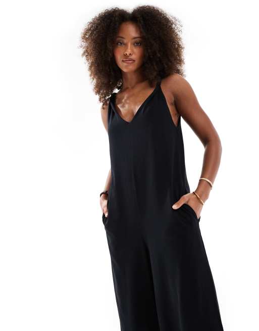 ASOS DESIGN twist shoulder jumpsuit in black