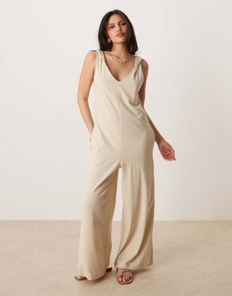 ASOS DESIGN twist shoulder jumpsuit in stone - view 1