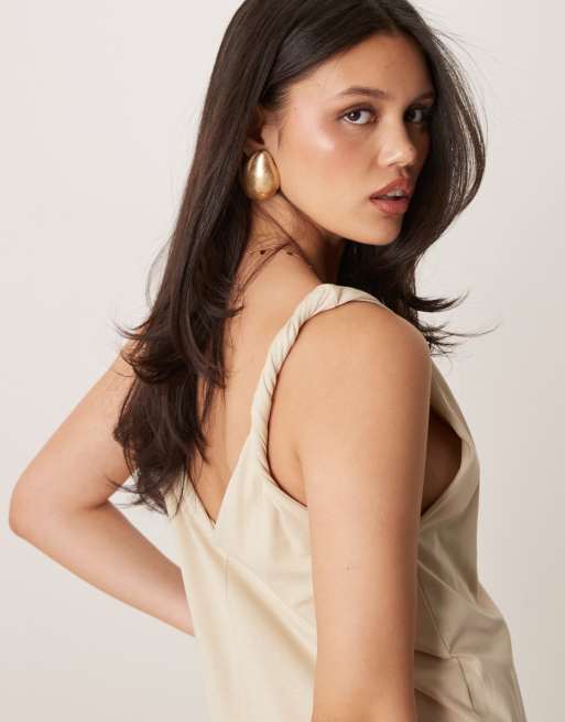 ASOS DESIGN twist shoulder jumpsuit in stone