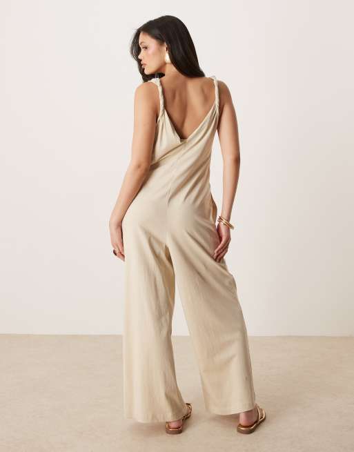 ASOS DESIGN twist shoulder jumpsuit in stone