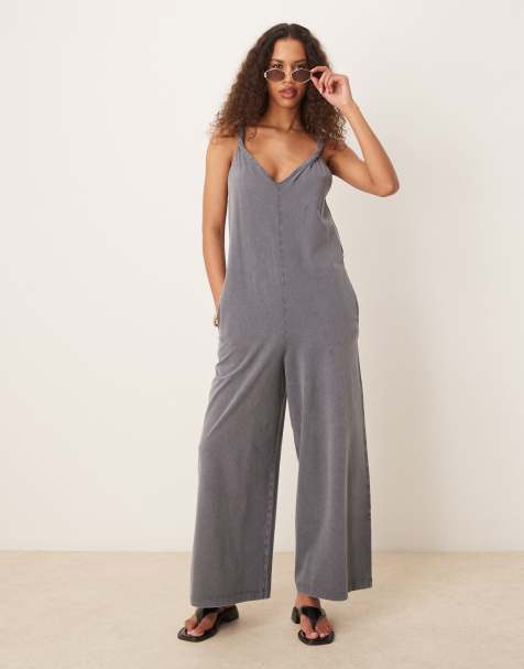 ASOS DESIGN Twist shoulder jumpsuit in washed gray - view 1