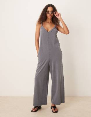 ASOS DESIGN Twist shoulder jumpsuit in washed grey