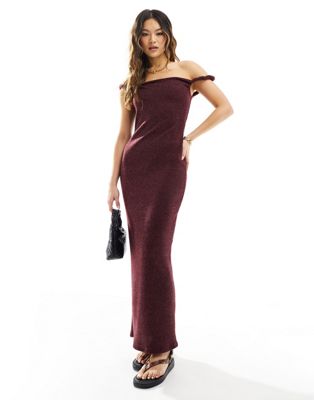 Asos Design Twist Shoulder Maxi Dress In Burgundy-red