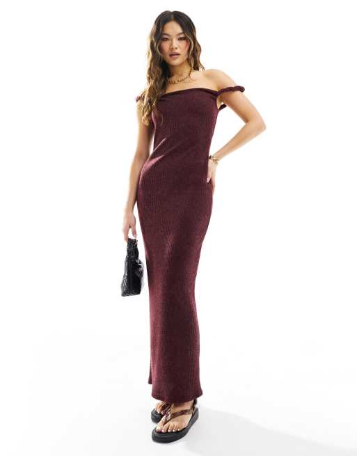 ASOS DESIGN twist shoulder maxi dress in burgundy | ASOS