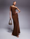 [ASOS DESIGN] ASOS DESIGN twist shoulder maxi dress with lace up back in bronze-Brown 8 Bronze