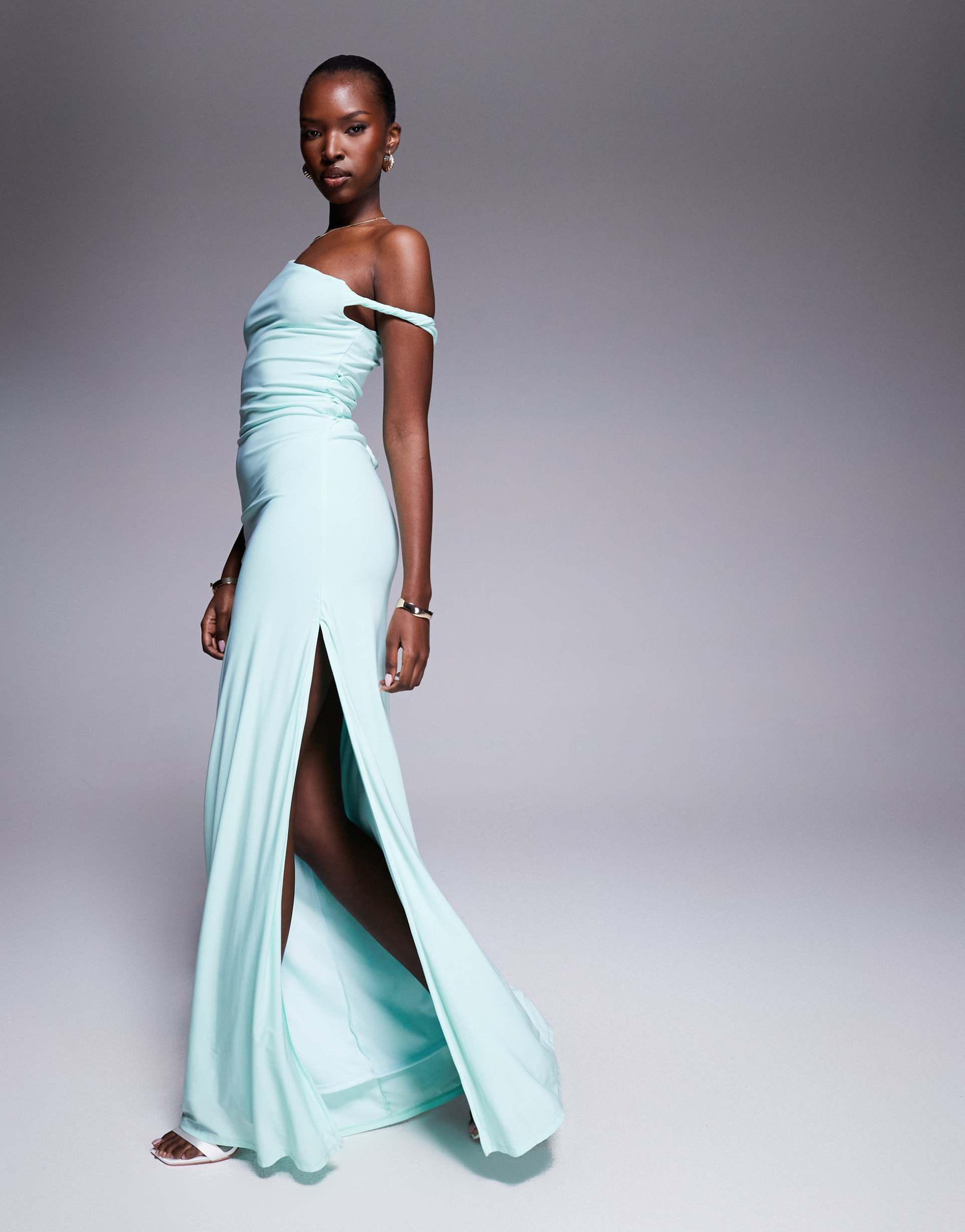 asos design twist shoulder maxi dress with lace up back in mint