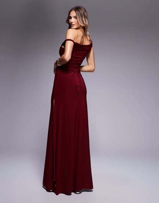 ASOS DESIGN twist shoulder maxi dress with lace up back in wine, 2 of 4