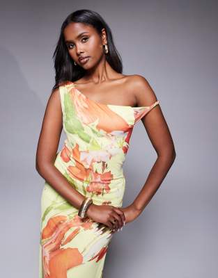 Asos Design Twist Shoulder Mesh Maxi Dress With Lace Up Back