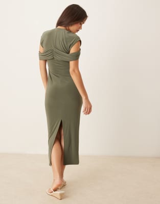 asos design twist shoulder midi dress in khaki